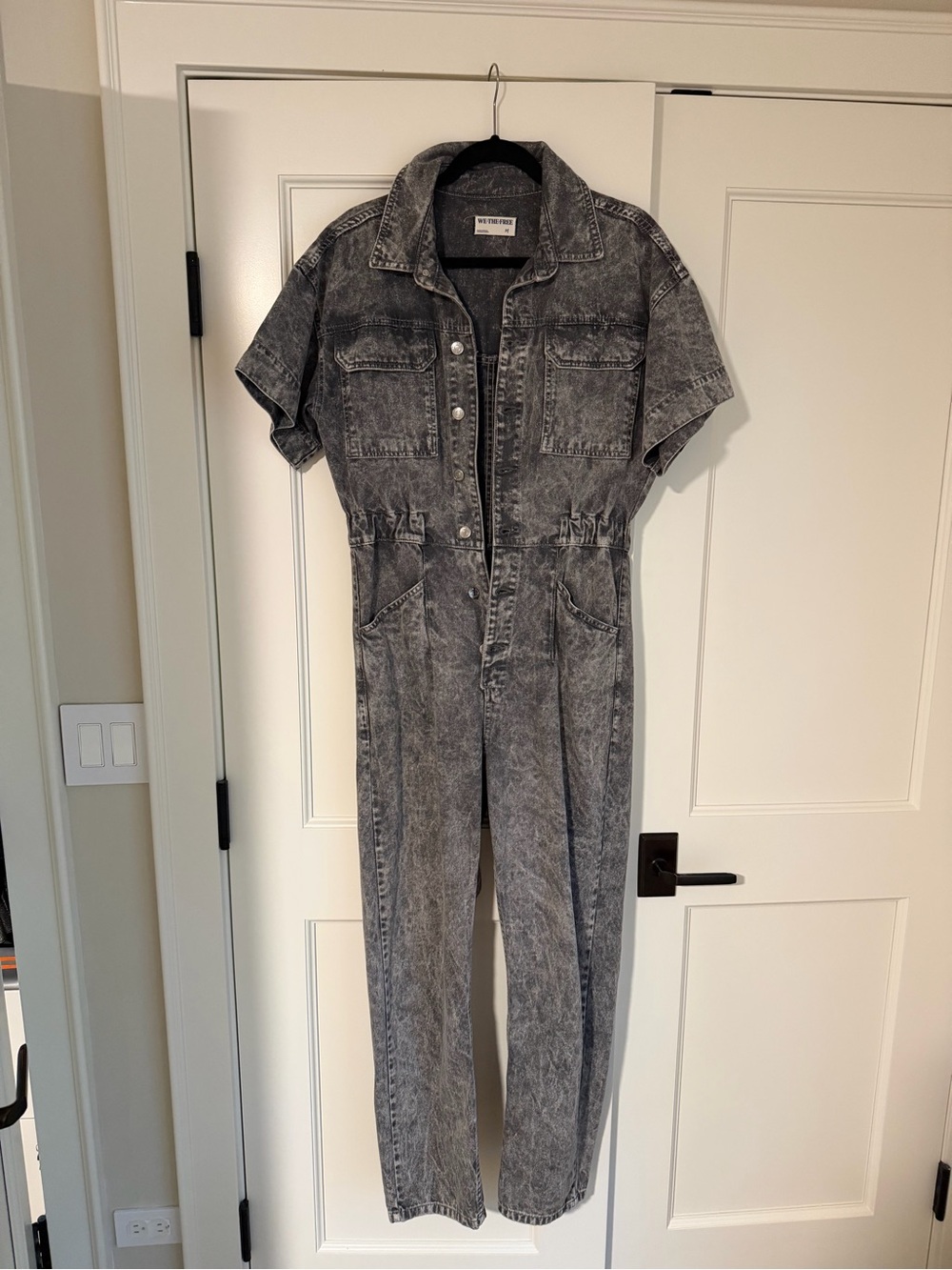 Free People Short-Sleeve Acid Wash Denim Jumpsuit - Gray